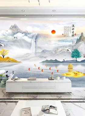 3D新中式自粘山水风景墙贴画电视沙发背景墙中国风客厅装饰壁画