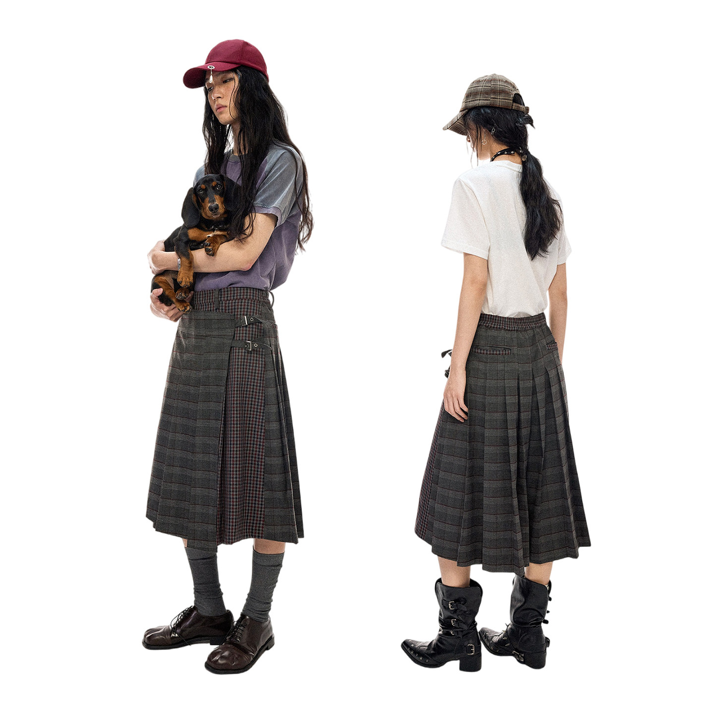 物理少年「潮汐经纬」后片压褶格纹复古半松紧腰宽松大版型裙裤,淘宝优惠券,粉丝福利购,淘宝优惠卷