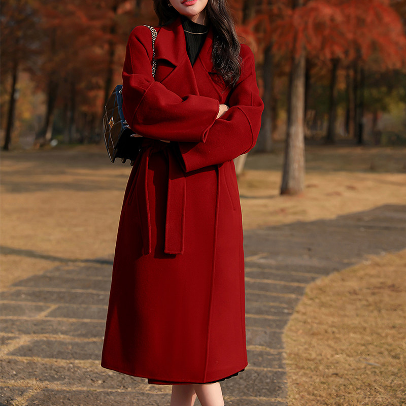 高级感酒红色双面羊毛大衣女过膝系带新娘结婚过年新年毛呢外套女,淘宝优惠券,粉丝福利购,淘宝优惠卷