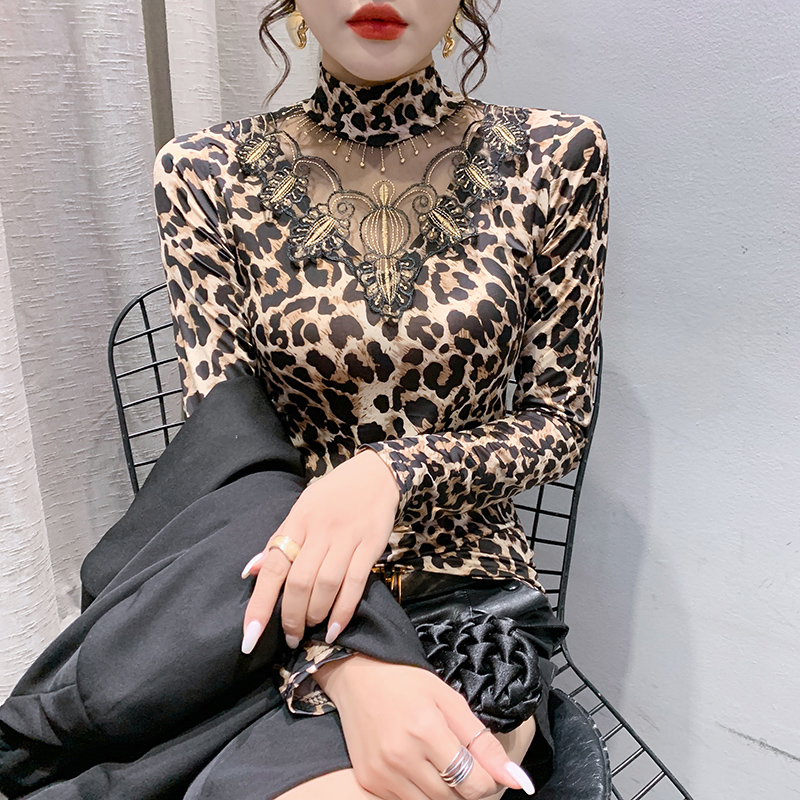 豹纹加厚高领蕾丝内搭t恤打底衫 风私语T恤
