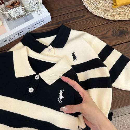 2025秋冬新款儿童翻领条纹毛衣男女童休闲针织保暖洋气POLO衫毛衫 - 图0