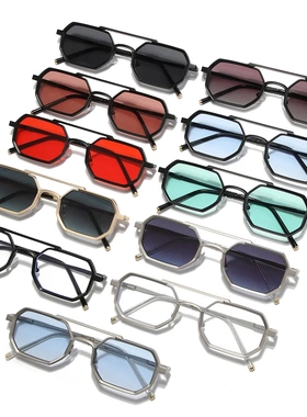 外贸金属铜小框多边形太阳镜女款男士通用欧美复古双梁飞行员墨镜