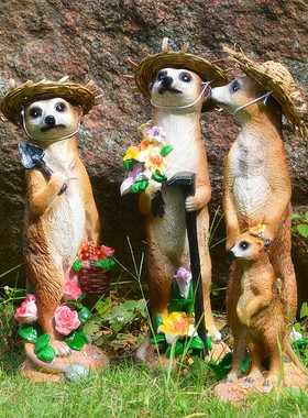 草帽庭院动物猫鼬花盆园艺装饰品