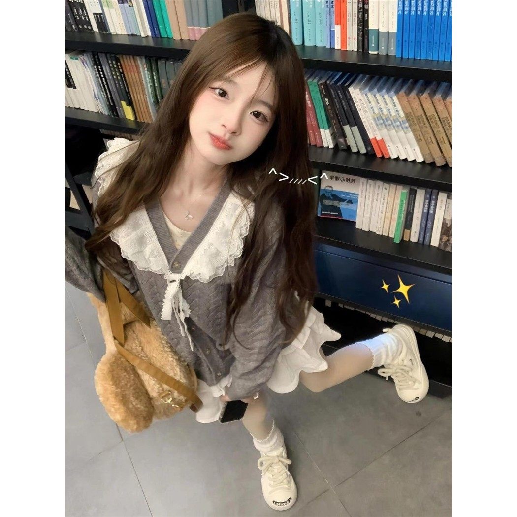 灰色v领蕾丝蝴蝶结针织开衫女春秋娃娃领镂空毛衣外套学院风上衣,淘宝优惠券,粉丝福利购,淘宝优惠卷