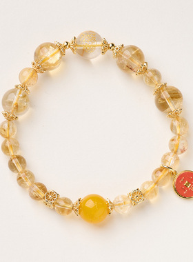 天然10MM黄水晶手链女五路财神黄塔晶手链高级感黄色水晶手链