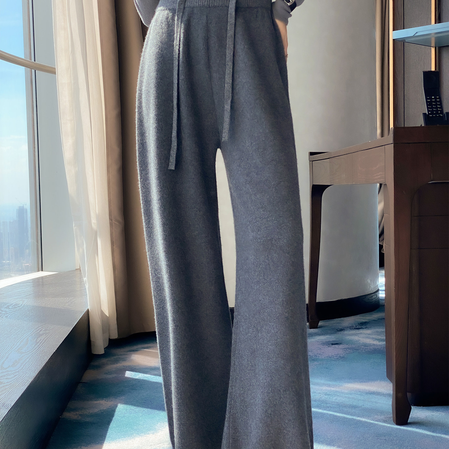 100%纯羊毛裤女高腰直筒裤宽松显瘦休闲裤垂感针织羊毛裤百搭软糯-图2