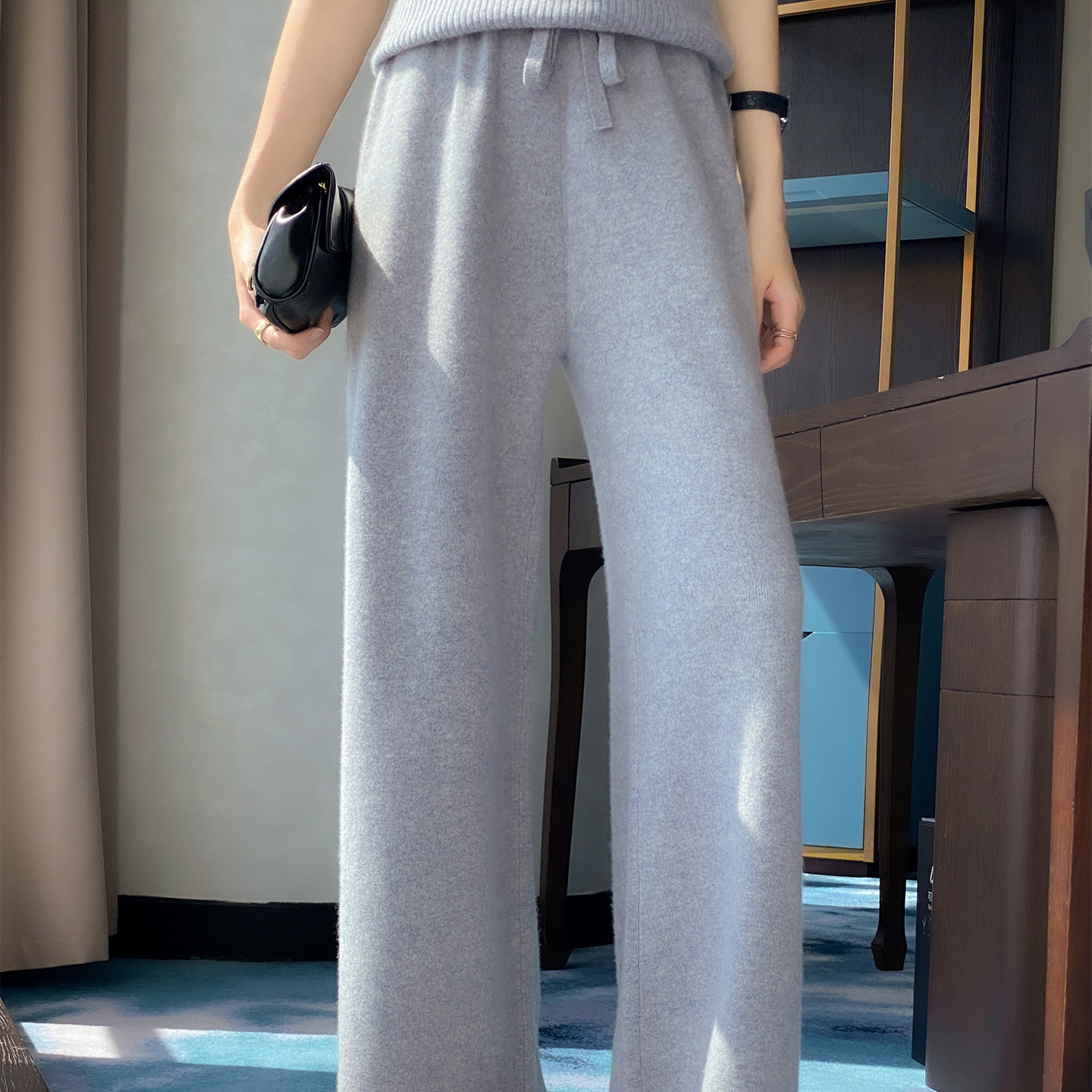 100%纯羊毛裤女高腰直筒裤宽松显瘦休闲裤垂感针织羊毛裤百搭软糯-图3