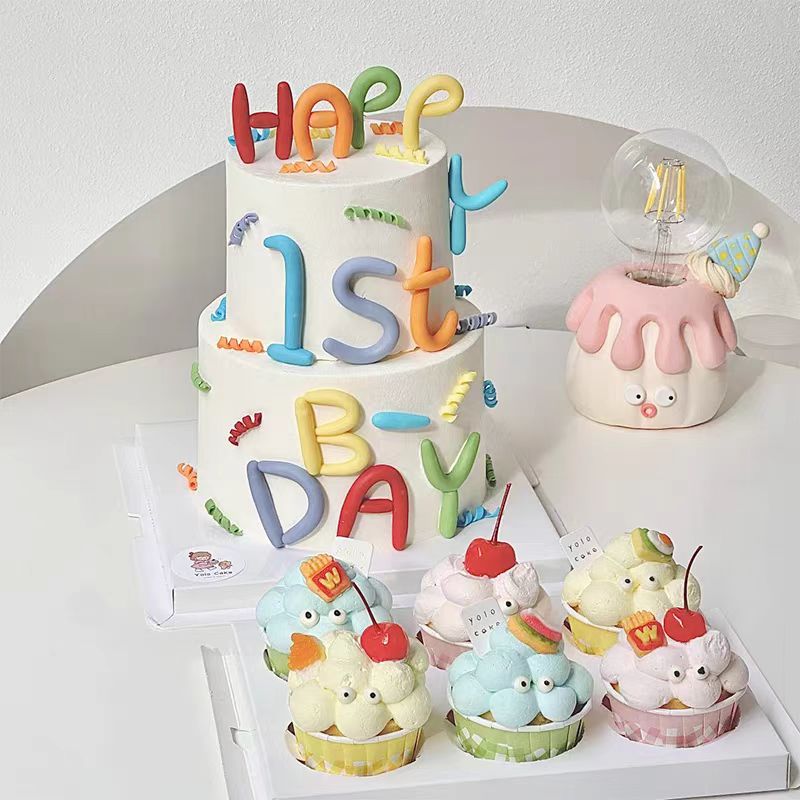 网红彩色字母满月百日插件烘焙模具同款多巴胺生日纸杯蛋糕装饰 - 图1