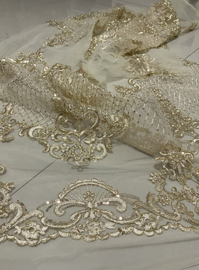 金色车骨绣花蕾丝网纱面料DIY婚纱礼服装设计师布料高端