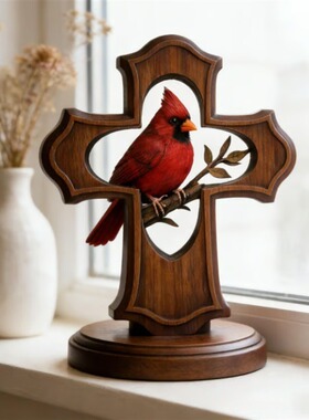 跨境新款 Cardinal Cross Ornament 红雀十字架饰品红色鸟摆件