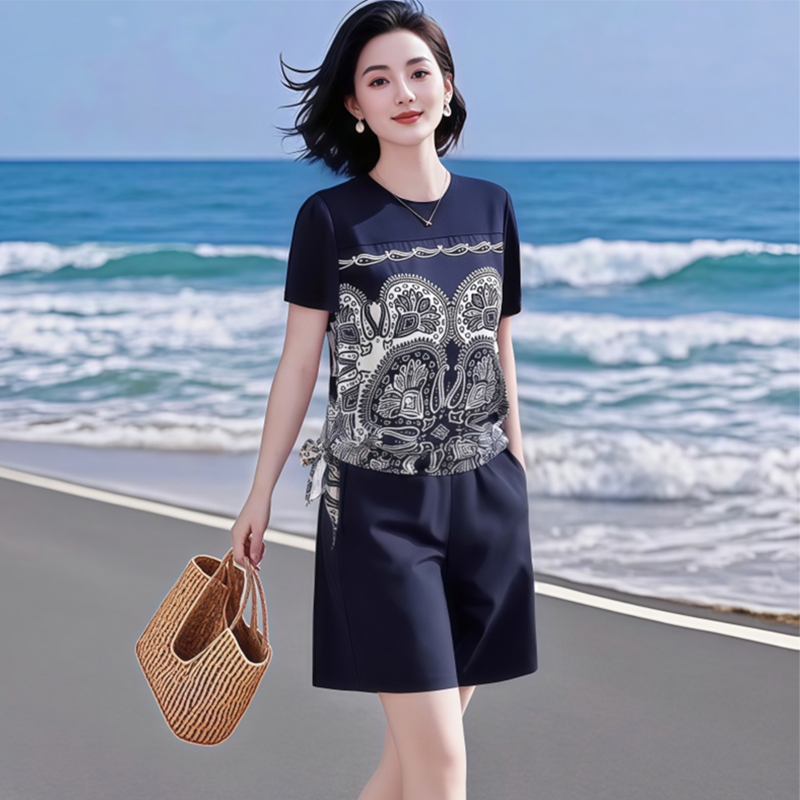 素韵订制女装原创品牌高级感轻奢印花上衣短袖好看五分短裤两件套,淘宝优惠券,粉丝福利购,淘宝优惠卷