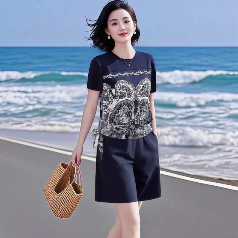 素韵订制女装原创品牌高级感轻奢印花上衣短袖好看五分短裤两件套,淘宝优惠券,粉丝福利购,淘宝优惠卷