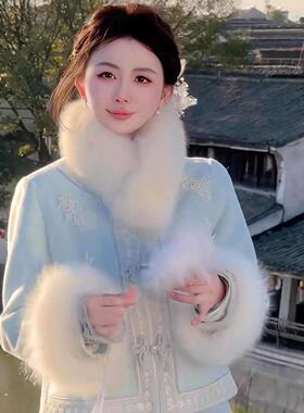 留洋千金风白色毛绒围脖毛毛围巾女冬季搭大衣汉服配饰磁吸毛领子