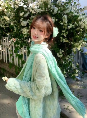 小清新薄荷绿文艺装饰丝巾女长薄透气遮阳日式春夏季围巾外搭披肩