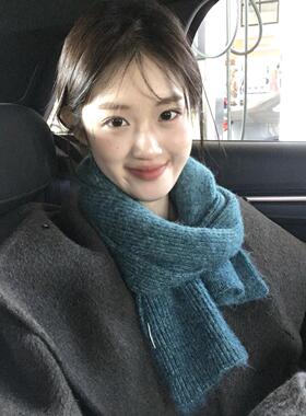 松石绿针织毛线围巾女韩系氛围感冬季蓝绿高级感保暖显白护颈围脖