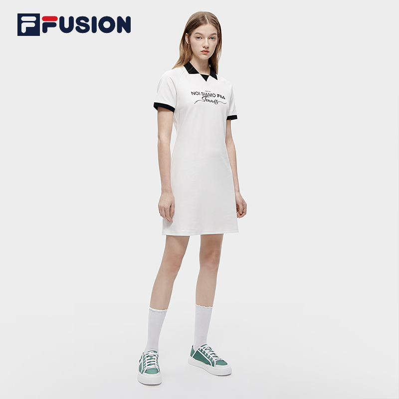 FILA FUSION斐乐潮牌女子针织连衣裙2023夏新翻领短袖运动休闲裙