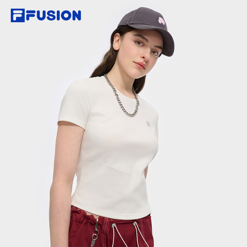 FILA FUSION斐乐潮牌女子针织短袖衫2025夏季新款时尚休闲紧身T恤,淘宝优惠券,粉丝福利购,淘宝优惠卷