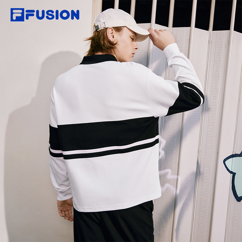 FILA FUSION斐乐潮牌男子针织长袖POLO衫2023秋新款时尚拼接上衣 - 图0