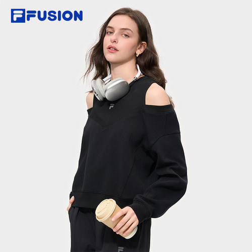 FILA FUSION斐乐潮牌女子套头卫衣2025冬季新款休闲挖肩针织上衣 - 图0