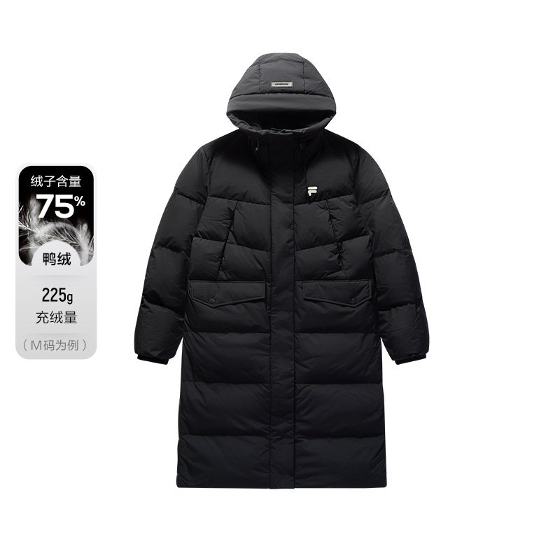 FILA FUSION斐乐潮牌长款羽绒服女2024冬季新款宽松保暖连帽外套