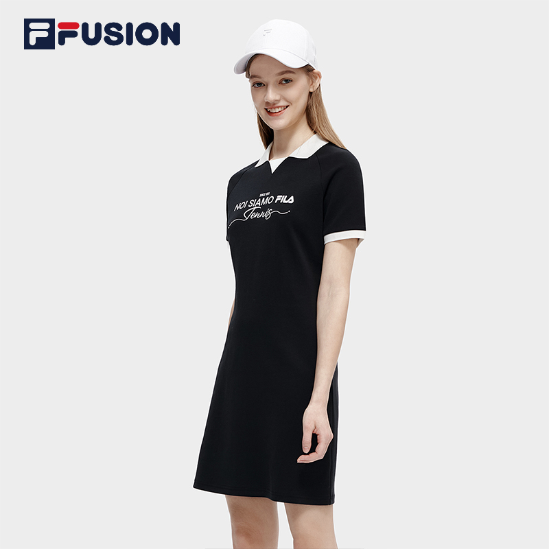 FILA FUSION斐乐潮牌女子针织连衣裙2023夏新翻领短袖运动休闲裙