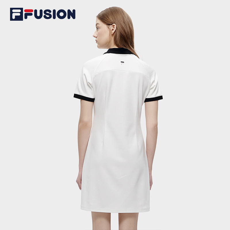 FILA FUSION斐乐潮牌女子针织连衣裙2023夏新翻领短袖运动休闲裙