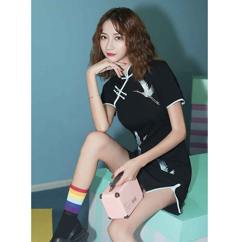 黑色旗袍年轻款少女小个子夏连衣裙 甜蜜佳衣旗袍