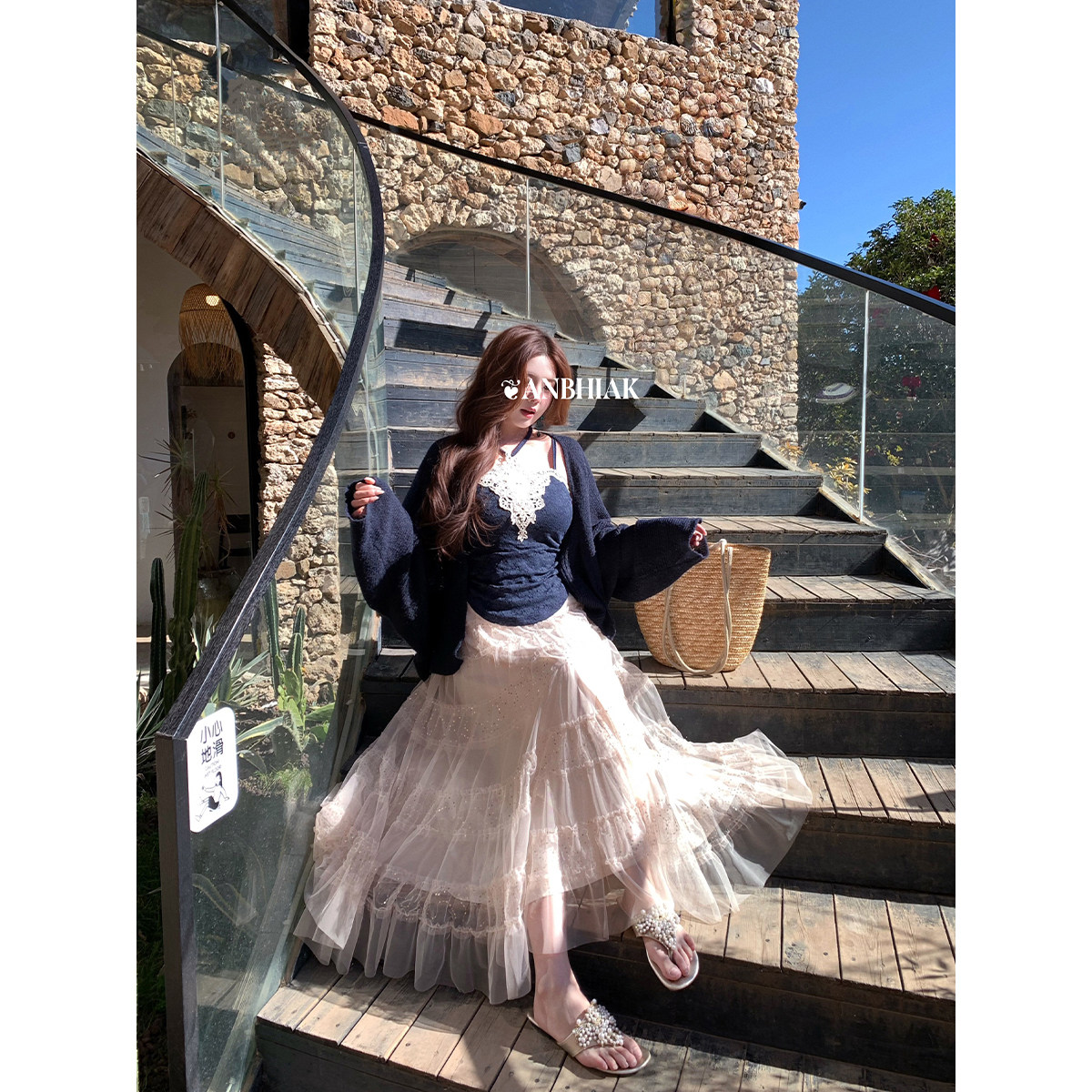 安妮不火 提花蕾丝吊带+网纱亮片半裙套组微胖大码渡假风三件套装,淘宝优惠券,粉丝福利购,淘宝优惠卷