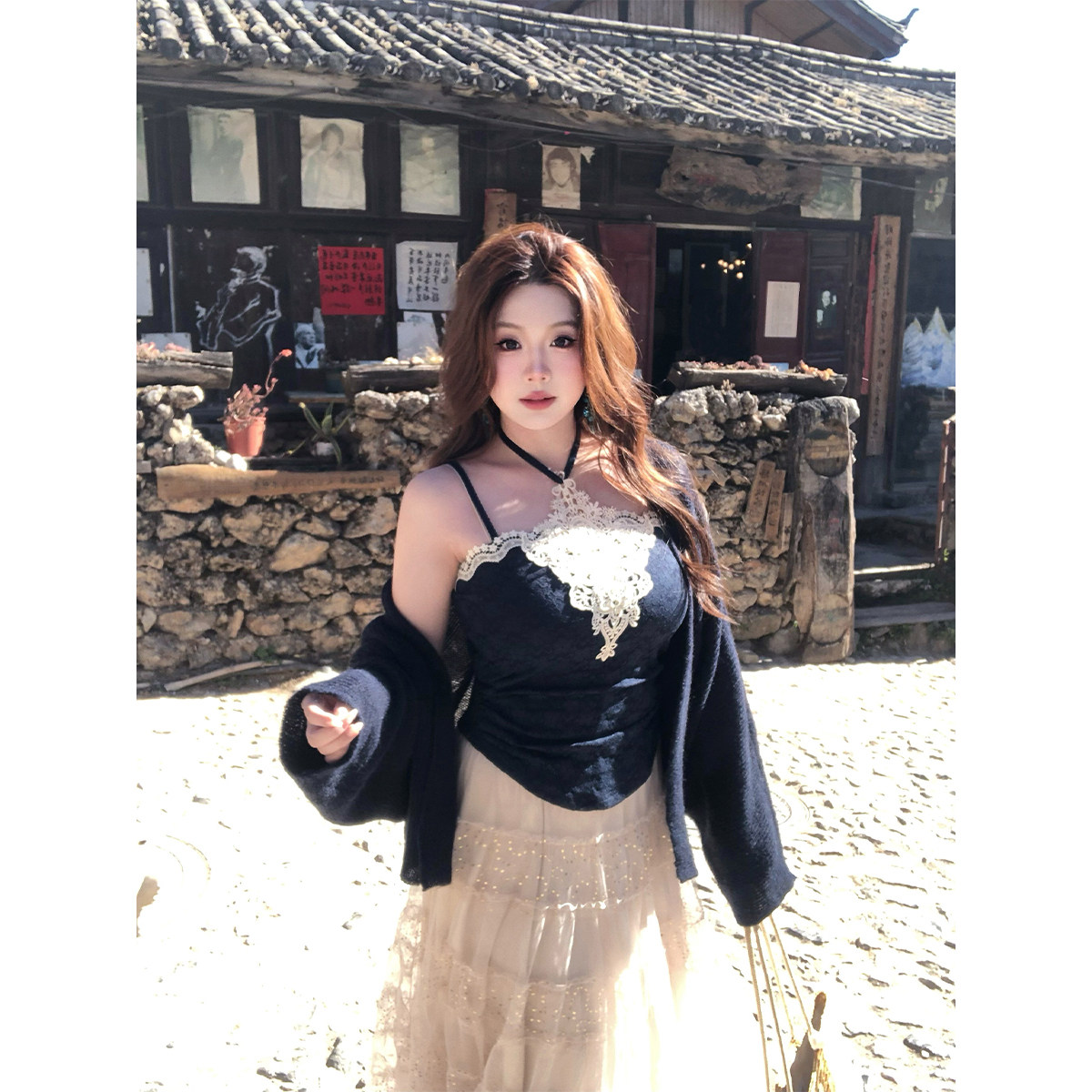 安妮不火 提花蕾丝吊带+网纱亮片半裙套组微胖大码渡假风三件套装,淘宝优惠券,粉丝福利购,淘宝优惠卷