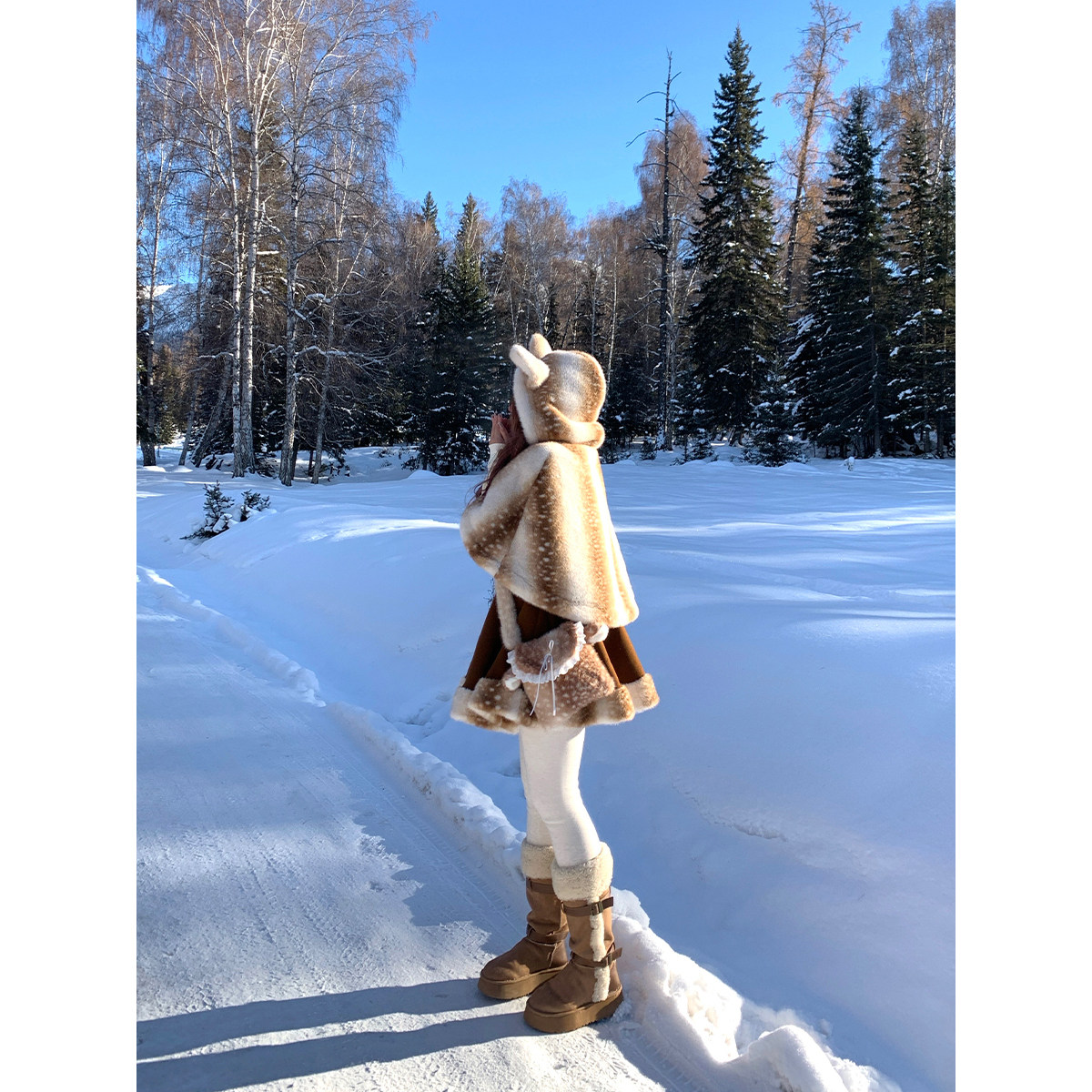 安妮不火 仿真梅花鹿环保皮草斗篷&吊带裙女微胖大码氛围感两件套,淘宝优惠券,粉丝福利购,淘宝优惠卷