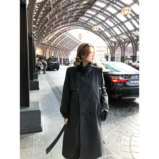 IAK mid-length double-breasted woolen jacket