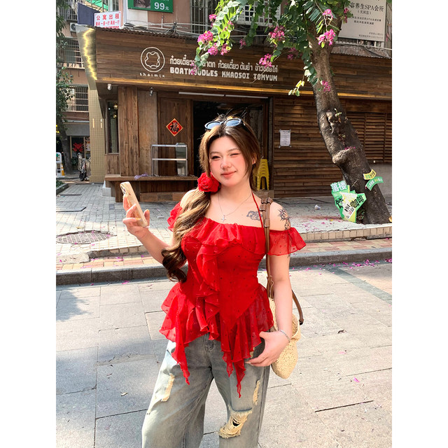 Annie Buhuo ເສື້ອຍືດແຂນເສັ້ນດຽວ ruffled chiffon ເທິງແມ່ຍິງ 2025 summer ໃຫມ່ໄຂມັນເລັກນ້ອຍ chiffon polka dot ຂະຫນາດໃຫຍ່