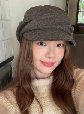 丁走走日系文艺堆叠设计含羊毛报童帽女2026秋冬新款显脸小画家帽