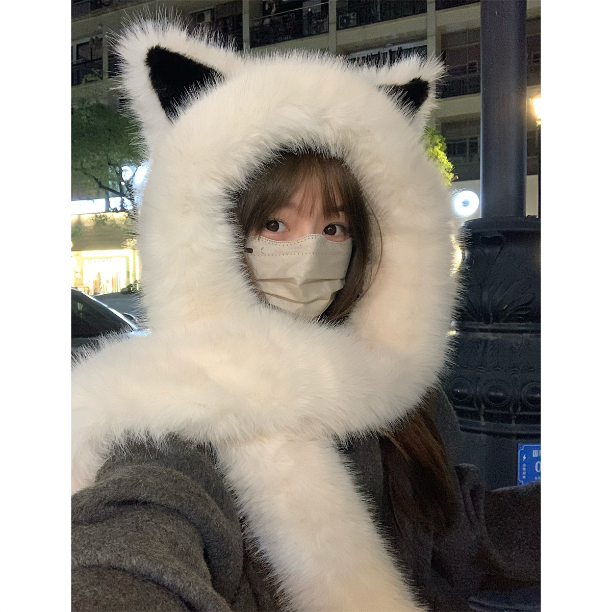 丁走走加厚毛绒狐狸耳朵帽子围巾一体冬季东北防寒保暖雷锋帽护耳