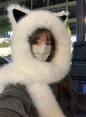 狐狸耳朵帽子围巾一体加厚雷锋帽