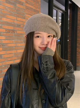 丁走走韩系显白蓝色贝雷帽女2026秋冬含兔毛针织百搭复古画家帽子