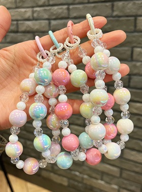 新款糖果色镀彩串珠钥匙扣手机挂件亚克力珠子小红书同款幻彩串珠