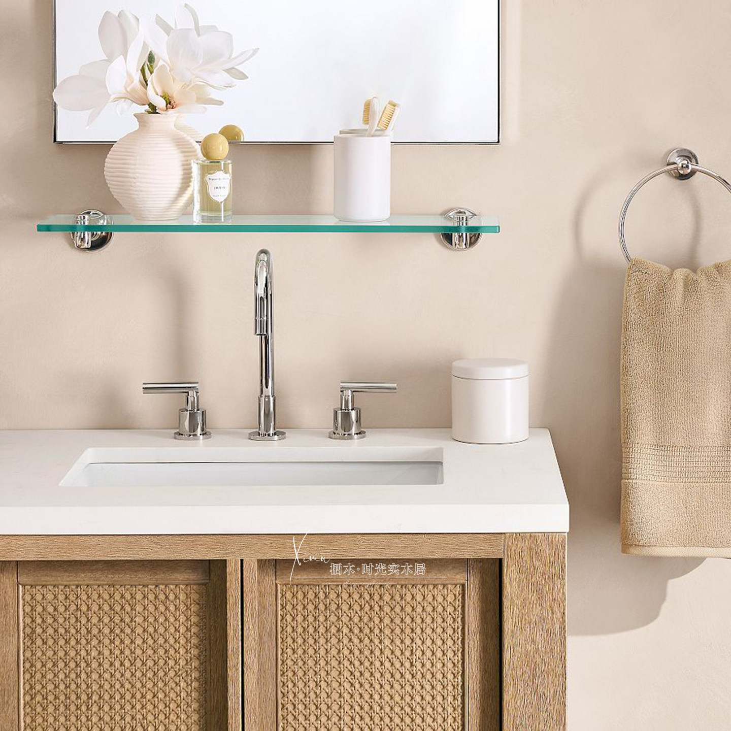 北欧复古实木浴室柜浴室中古风藤编洗手台卫生间现代简约洗手盆柜,淘宝优惠券,粉丝福利购,淘宝优惠卷