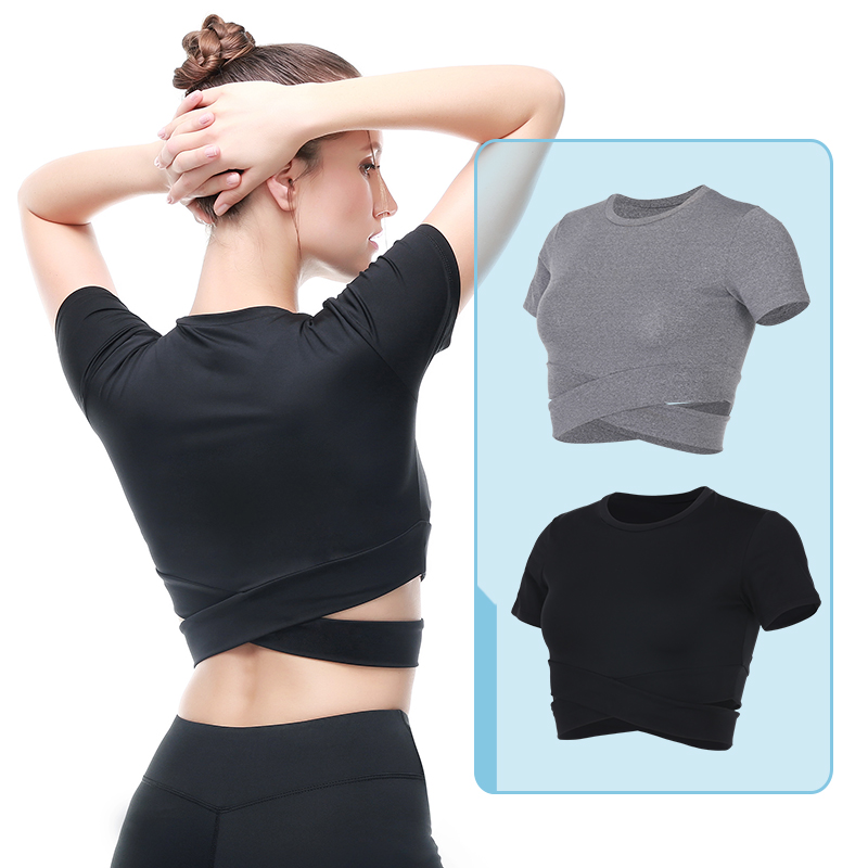 【 Clearing 】 Sports tight fitting clothes, women's yoga short sleeved running tops, fitness t-shirts, quick drying clothes, exposed navel yoga clothes