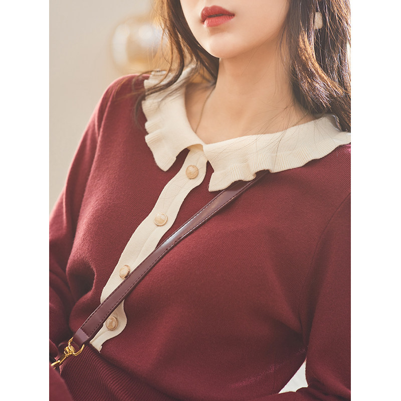 谜秀法式短款polo翻领内搭修身毛衣 谜秀毛衣