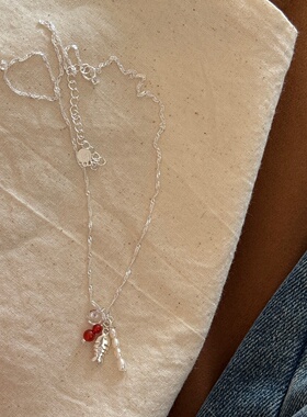 S925纯银红玛瑙珍珠锁骨链女