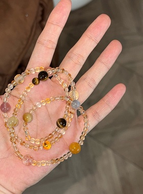 天然黄水晶金发晶三圈多宝手串
