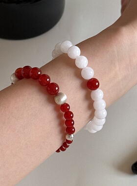 异彩纯银红玛瑙和田玉叠戴手串