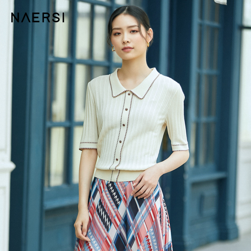 NAERSI/娜尔思彼得潘领冰感曲珠针织衫女夏新款短袖T恤polo衫-图0