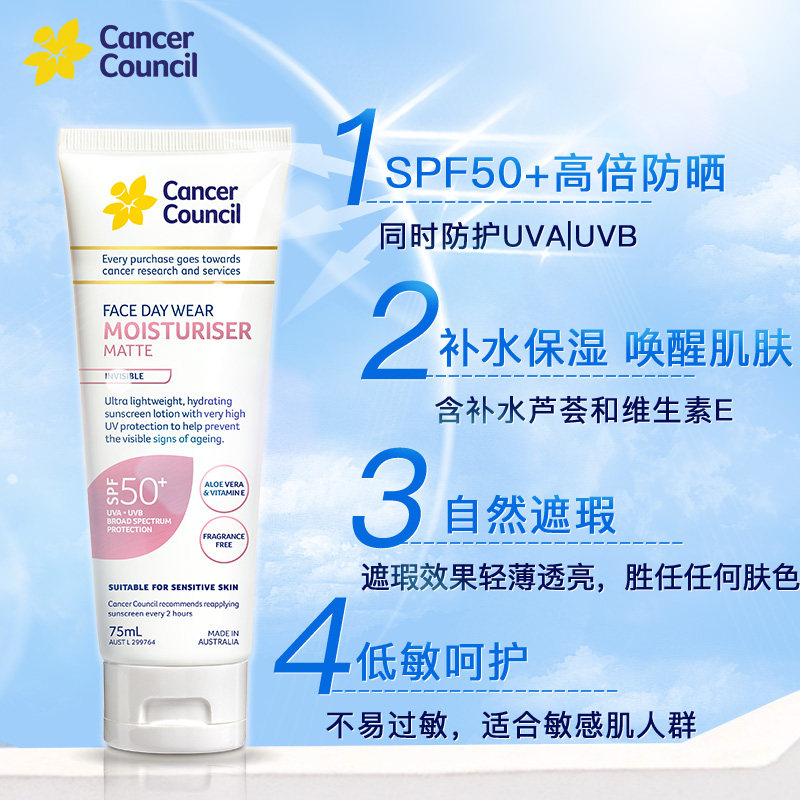 澳洲Cancer Council澳美皙面部脸部保湿隔离防水防晒霜SPF50+75ml - 图2