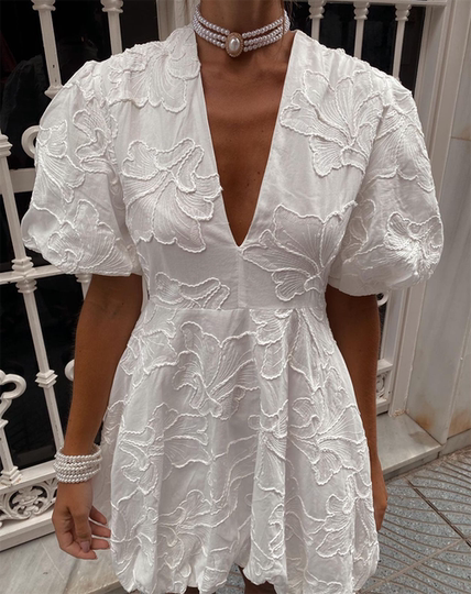 French heavy embroidery puff sleeves v-neck princess tutu white dress little man's first love little white dress