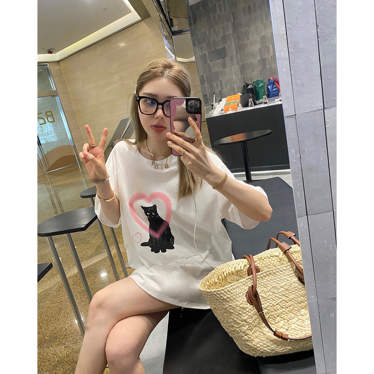 THEOPENDM2022夏季新款百搭圆领短袖奶欲猫咪印花t恤上衣女宽松显