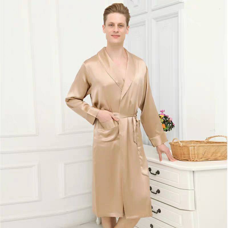 100%桑蚕丝春秋夏重磅男士长袖睡袍 丝公主服饰睡袍/浴袍