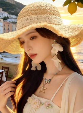 法式拉菲草帽女夏季大帽檐遮阳防晒三亚海边度假沙滩帽出行太阳帽