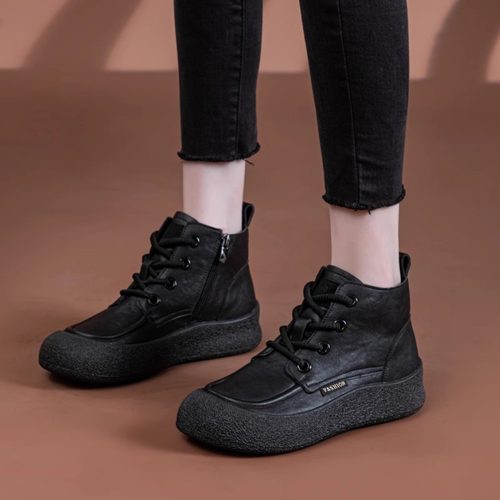 大码女鞋41到43软底不累脚短靴女冬季加绒平底真皮新款休闲靴子42 - 图2